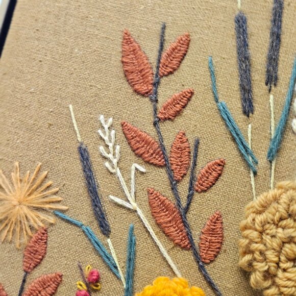 Vintage 60s/70s Crewel Handmade Fall Floral Basket with Cattails Framed MCM Art - Picture 5 of 11